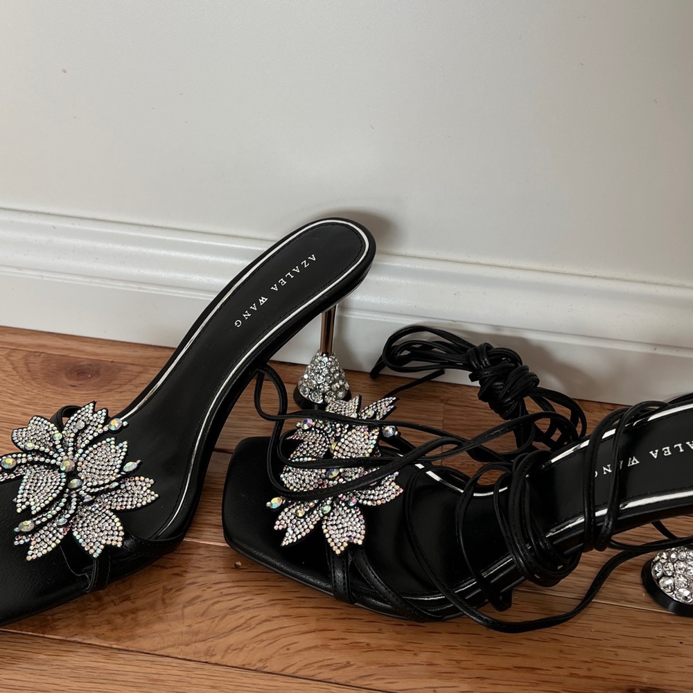 Black Strappy Heels with Crystal Embellishments